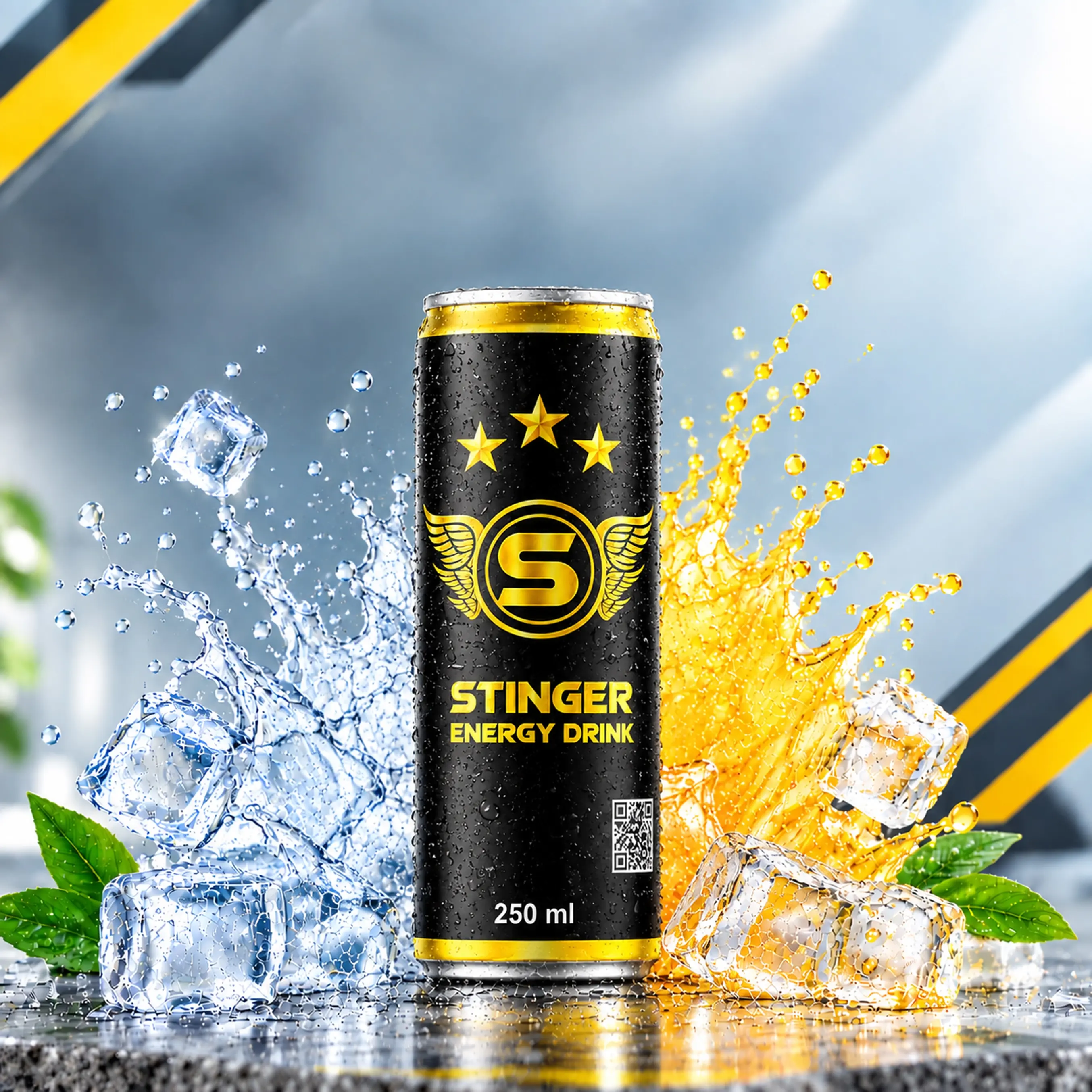 STINGER Energy Drink 250 ml black and gold can with ice cubes and blue-gold liquid splashes.